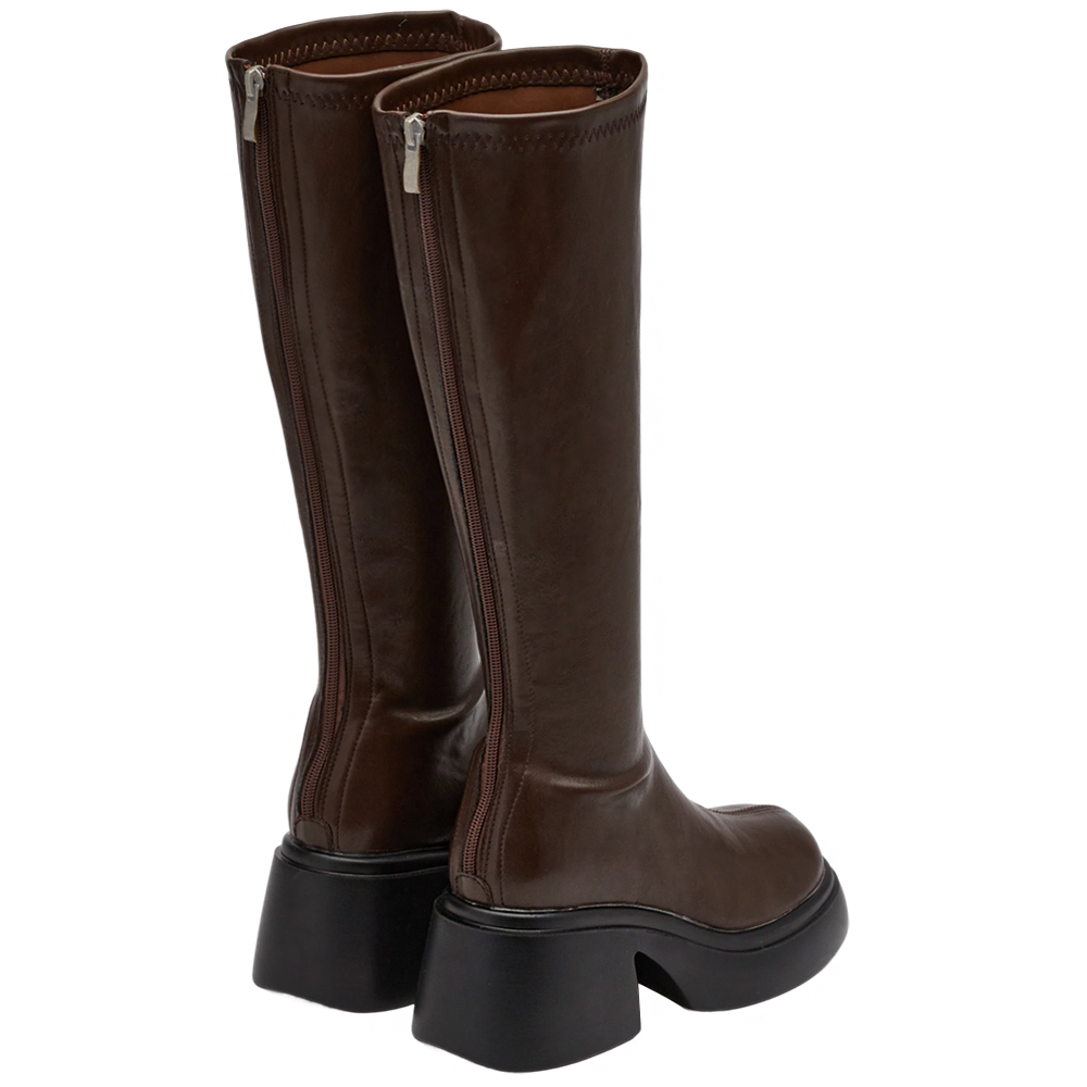 Grace Gift 平價女鞋 長腿歐膩 彈力輕量顯瘦靴 咖色 厚底長靴 實拍圖