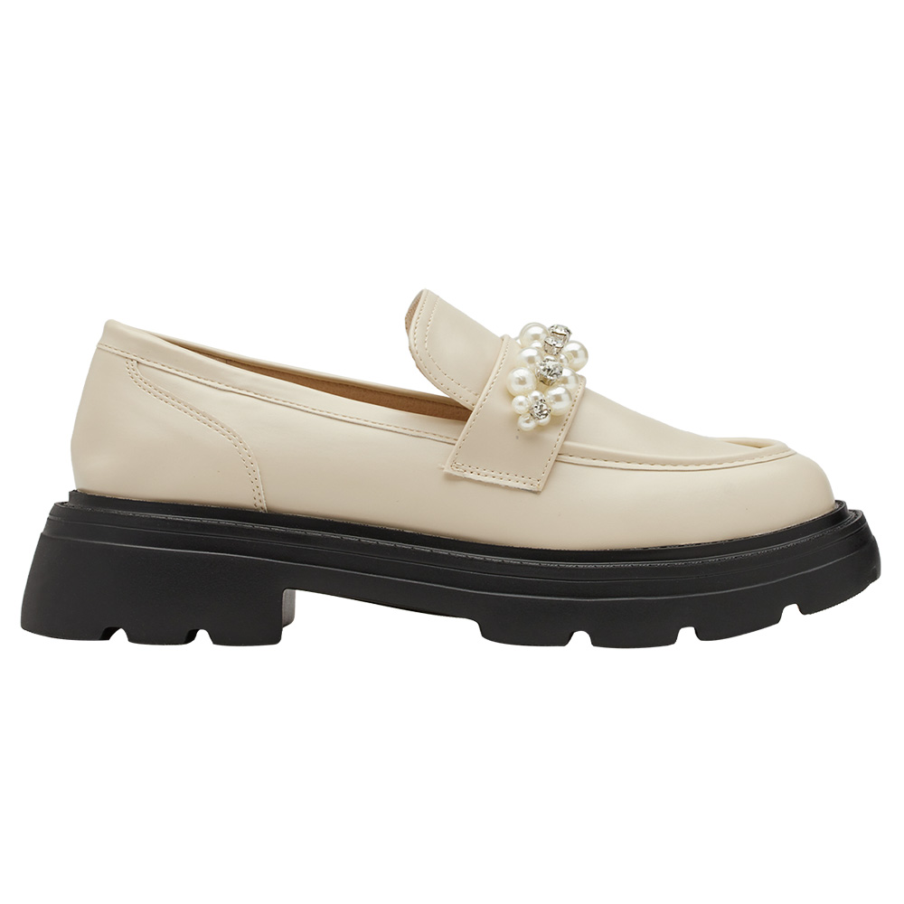 小貓聯名-奢耀珍珠水鑽輕量厚底樂福鞋 米白