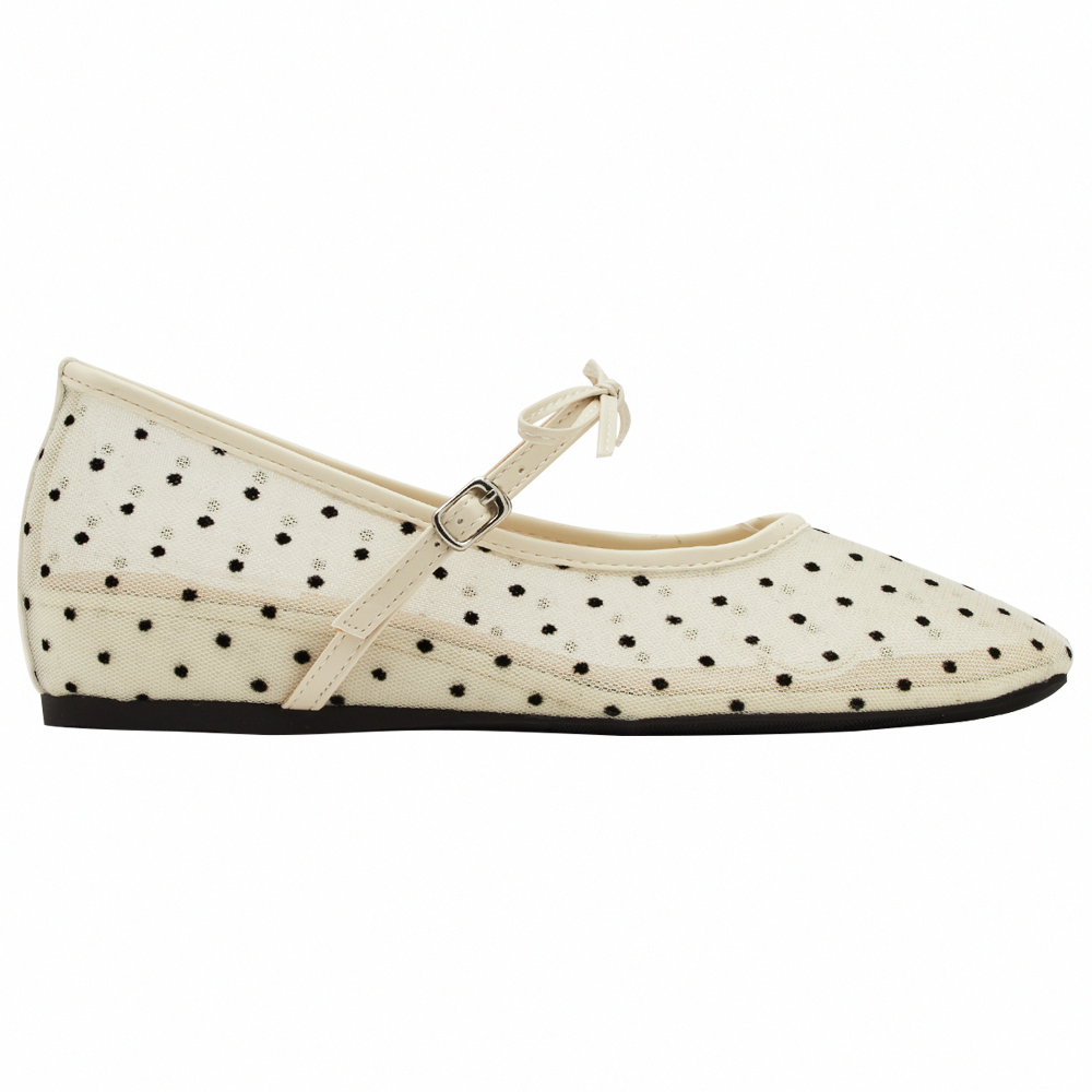 GraceGift平價女鞋 日系水玉 蝴蝶結網紗 內增高瑪莉珍鞋 米白色