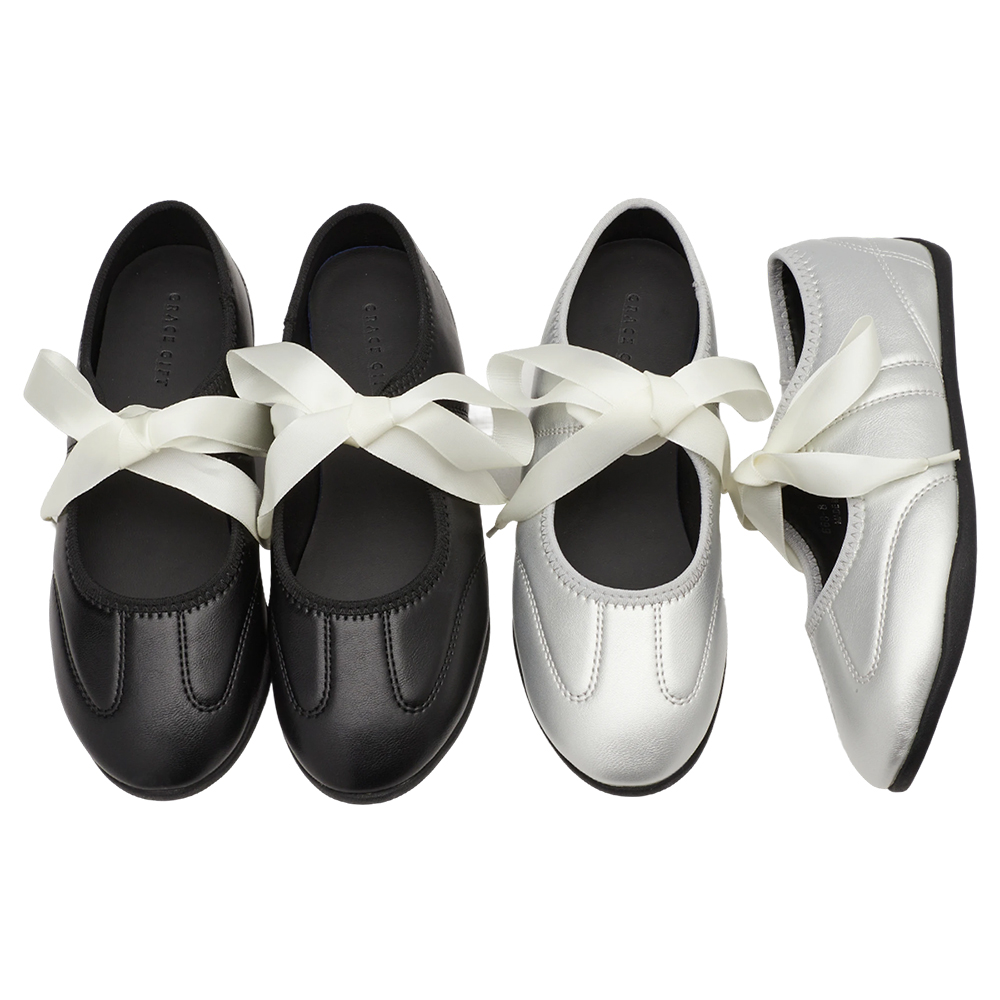 芭蕾日常2WAY蝴蝶結綁帶薄底運動鞋 銀