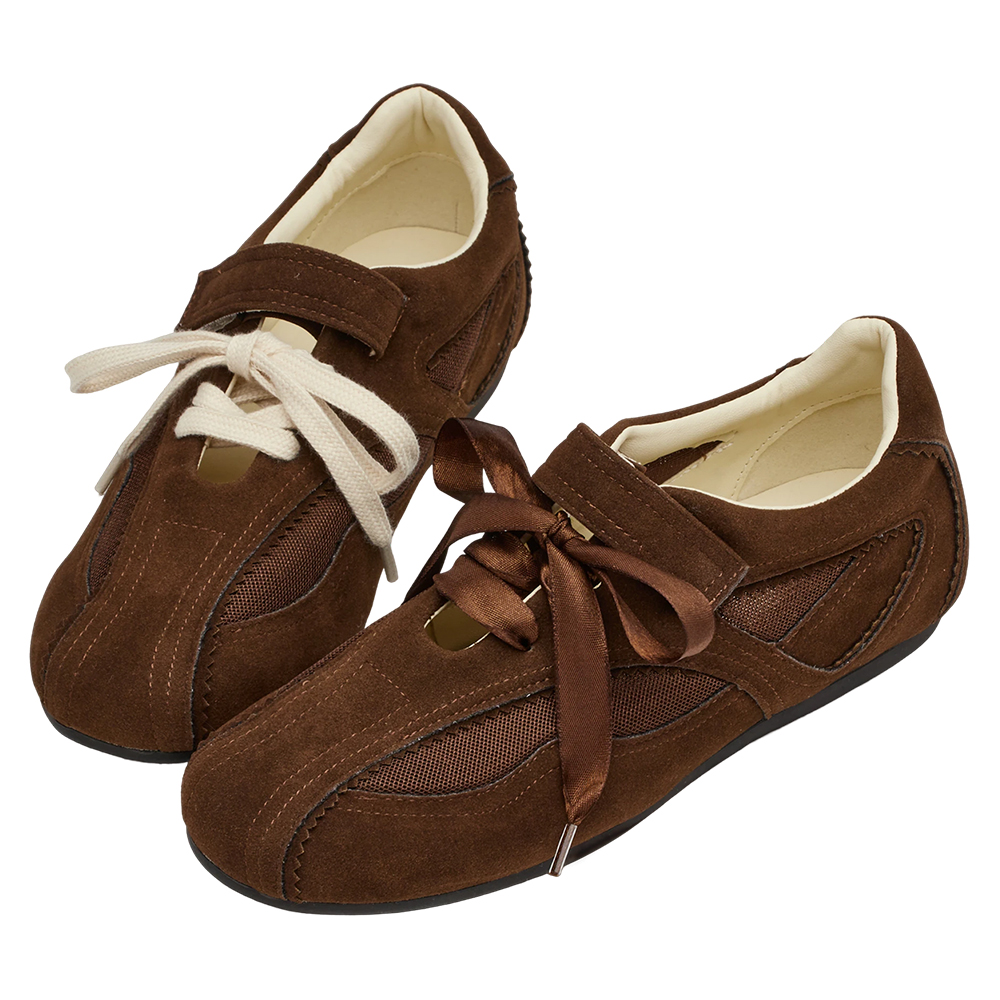 芭蕾少女方頭2WAY綁帶魔鬼氈運動鞋 咖