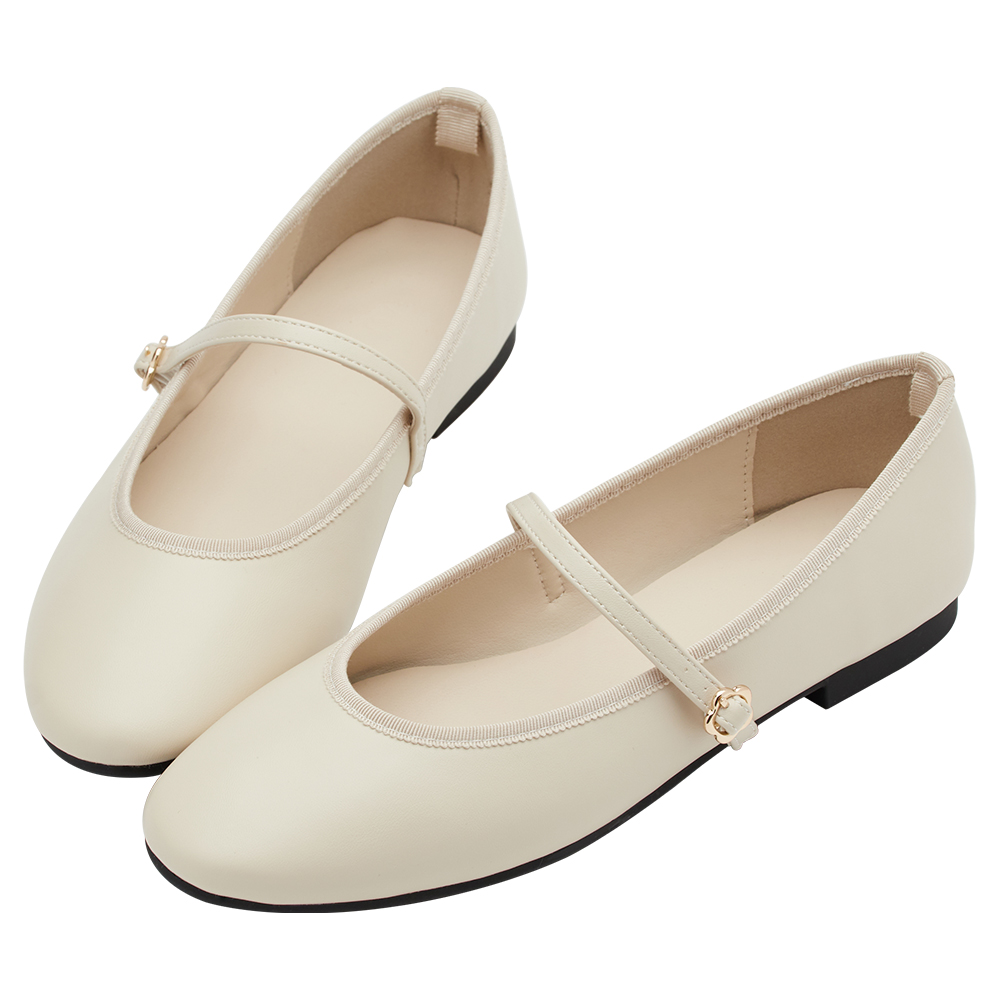 GraceGift平價女鞋 俏皮少女 素面 花釦 芭蕾舞瑪莉珍鞋 杏