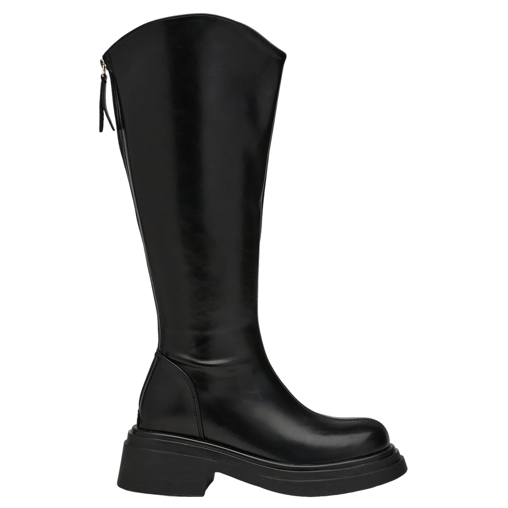 V口顯瘦(加寬筒圍)後拉圓頭厚底長靴 黑