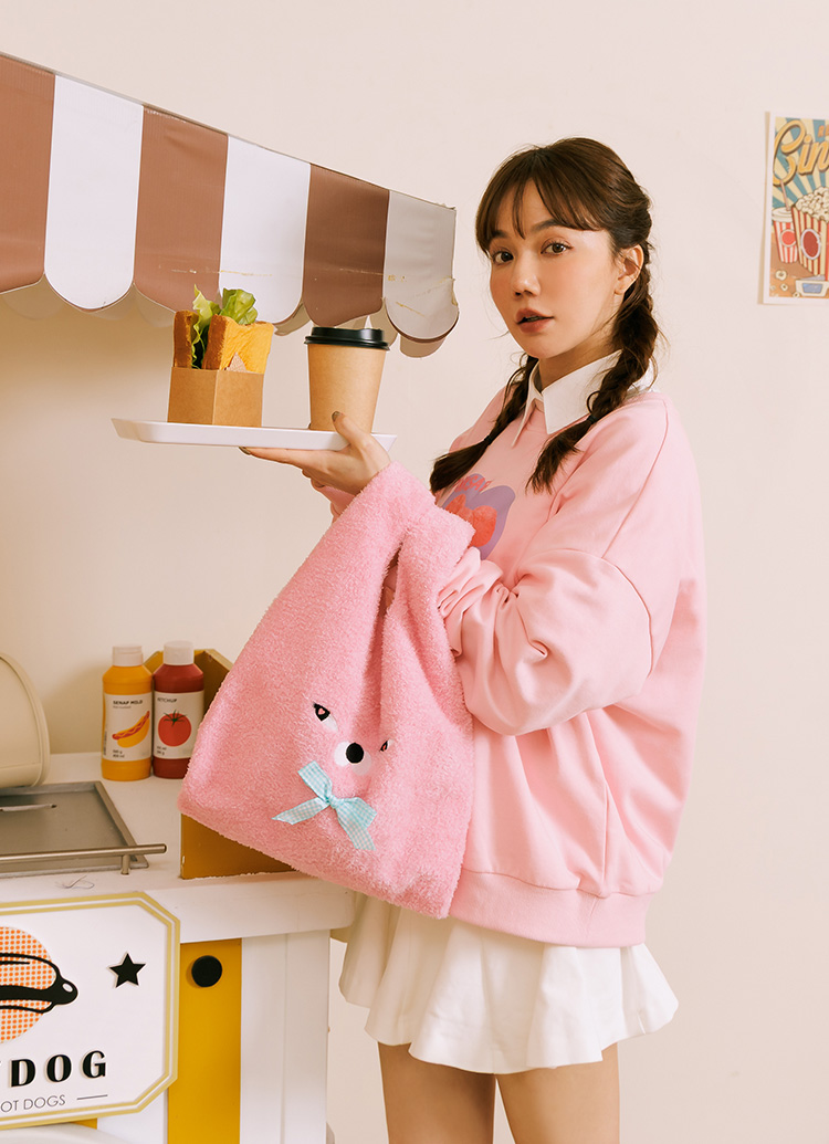 Grace Gift Wasabi Bear 聯名 粉芥末熊 絨毛蝴蝶結手提袋 粉紅色 可愛提袋 實拍圖