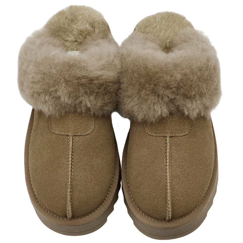 韓妞時尚牛麂皮羊毛厚底雪地拖鞋 灰