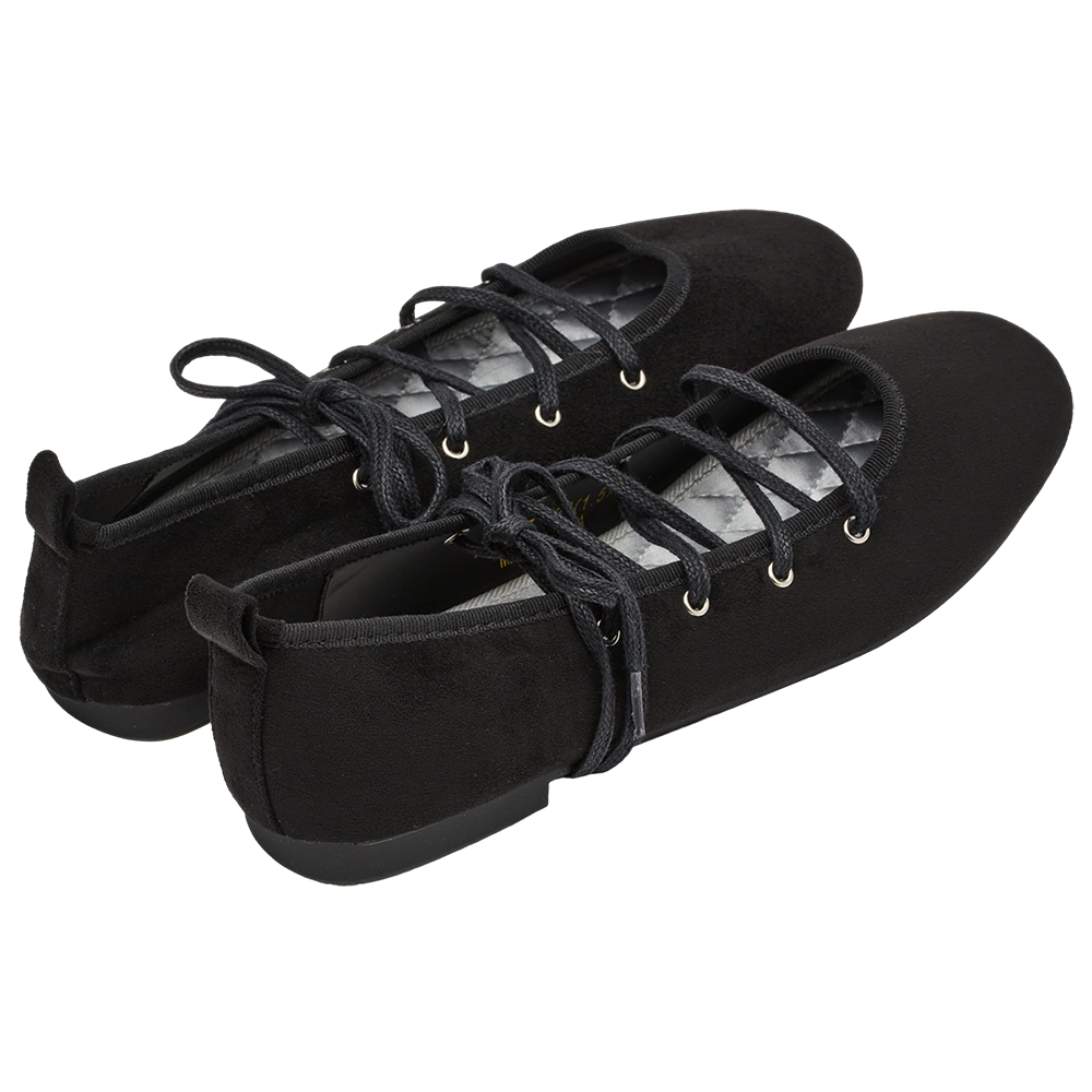 可可芭蕾絨面交叉綁繩芭蕾舞平底鞋 黑