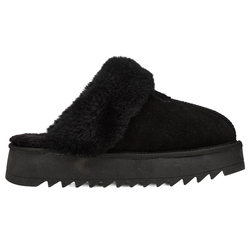 韓妞時尚牛麂皮羊毛厚底雪地拖鞋 黑