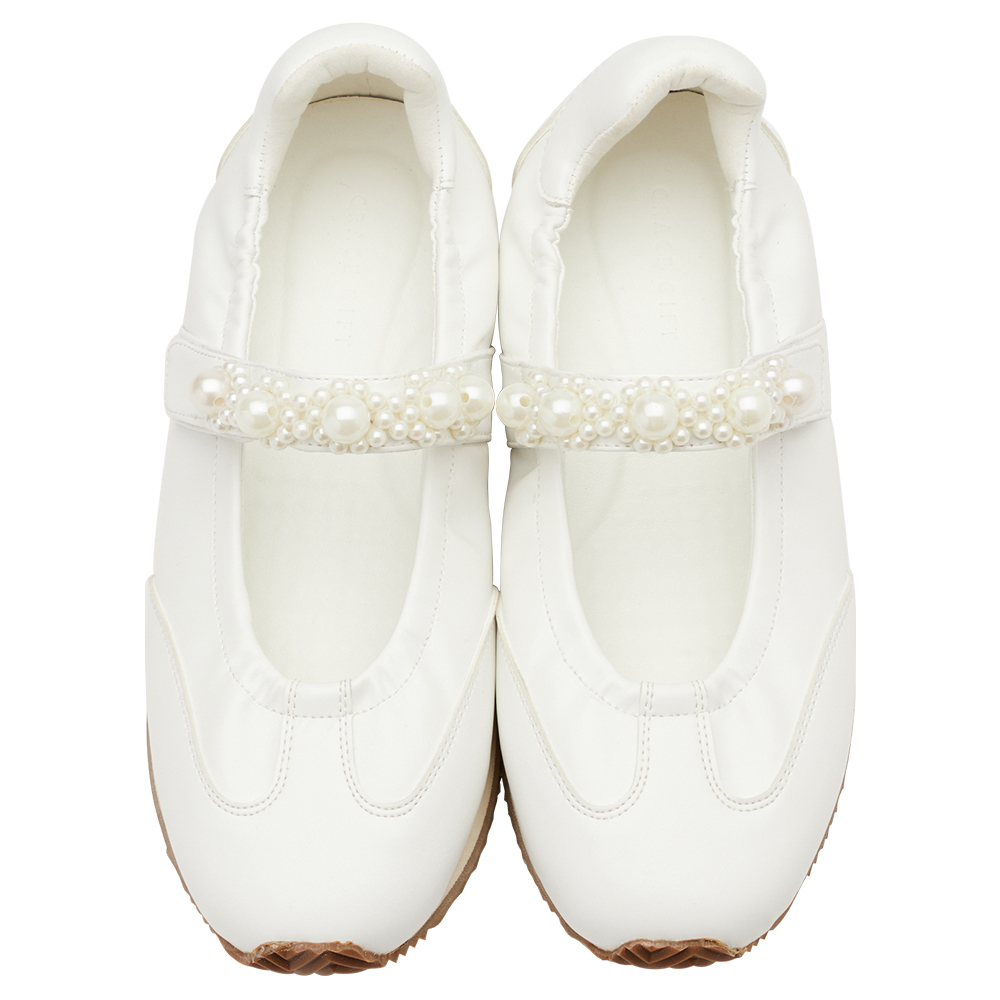 珍珠小花條帶魔鬼氈芭蕾舞瑪莉珍鞋 米白