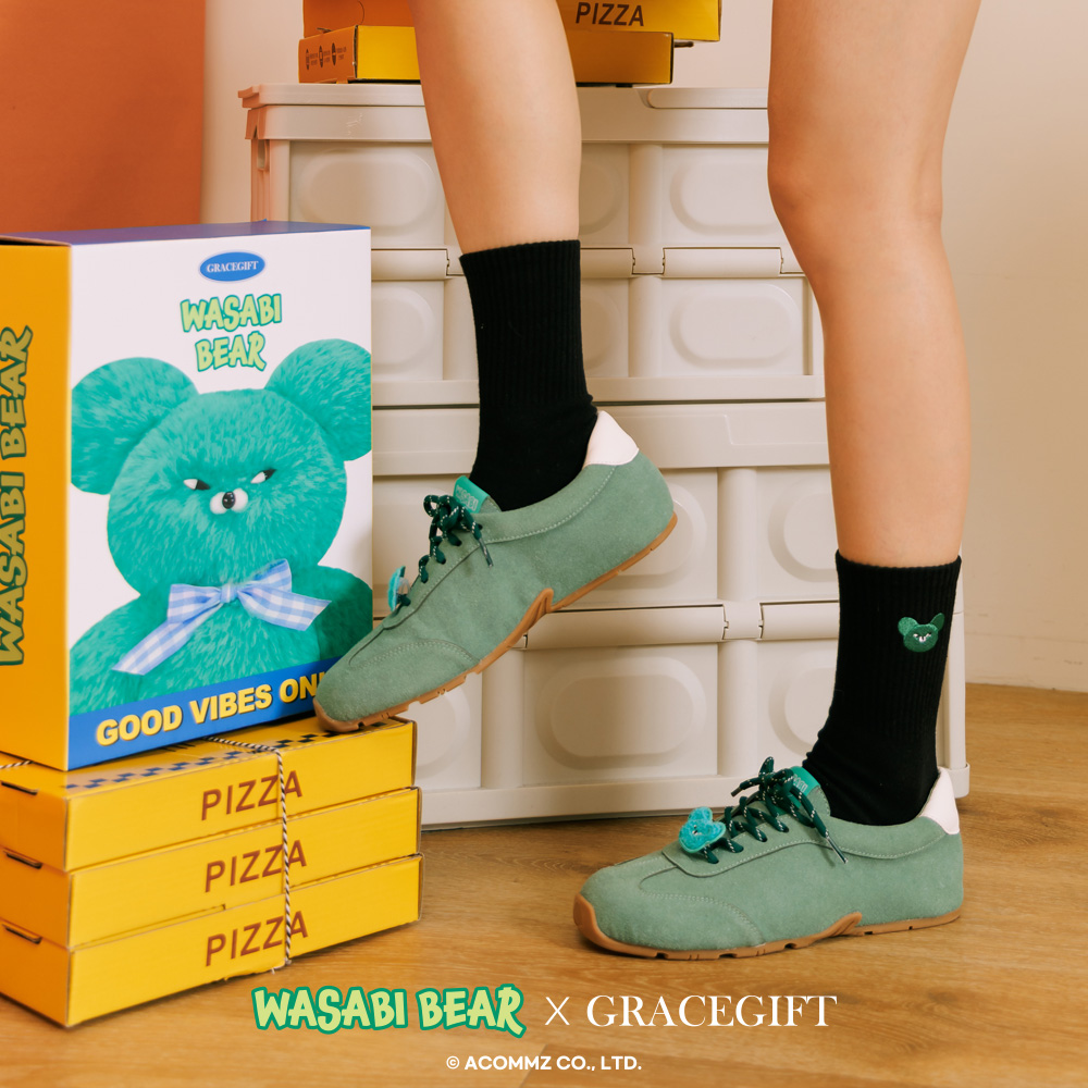 GraceGift Wasabi Bear聯名 芥末熊 芥末熊螺紋電繡中筒襪 黑色