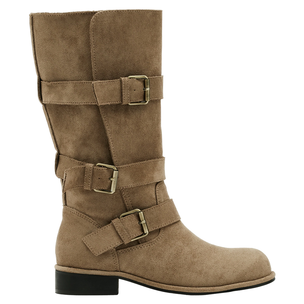 韓系街拍絨布2WAY皮帶釦騎士靴 卡其