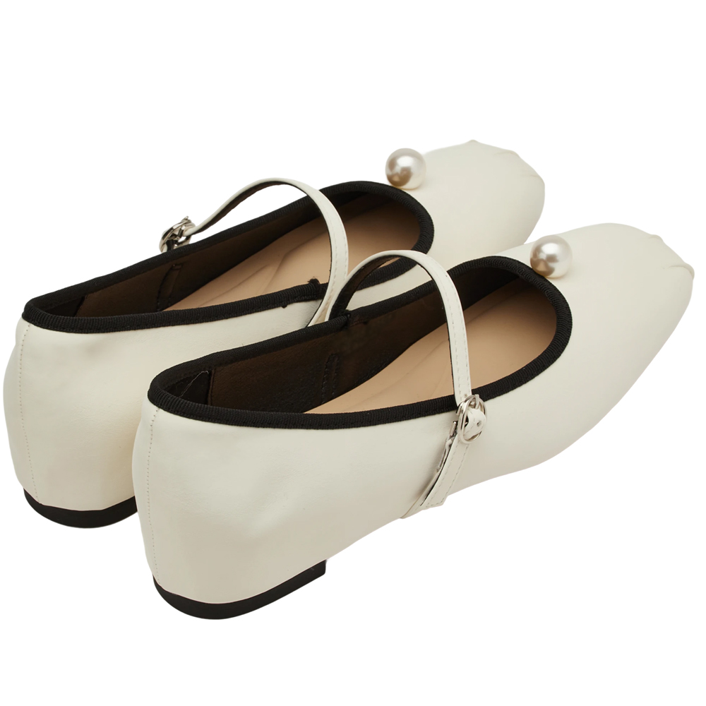 GraceGift平價女鞋 簡約珍珠 方頭撞色 內增高 瑪莉珍鞋 白色