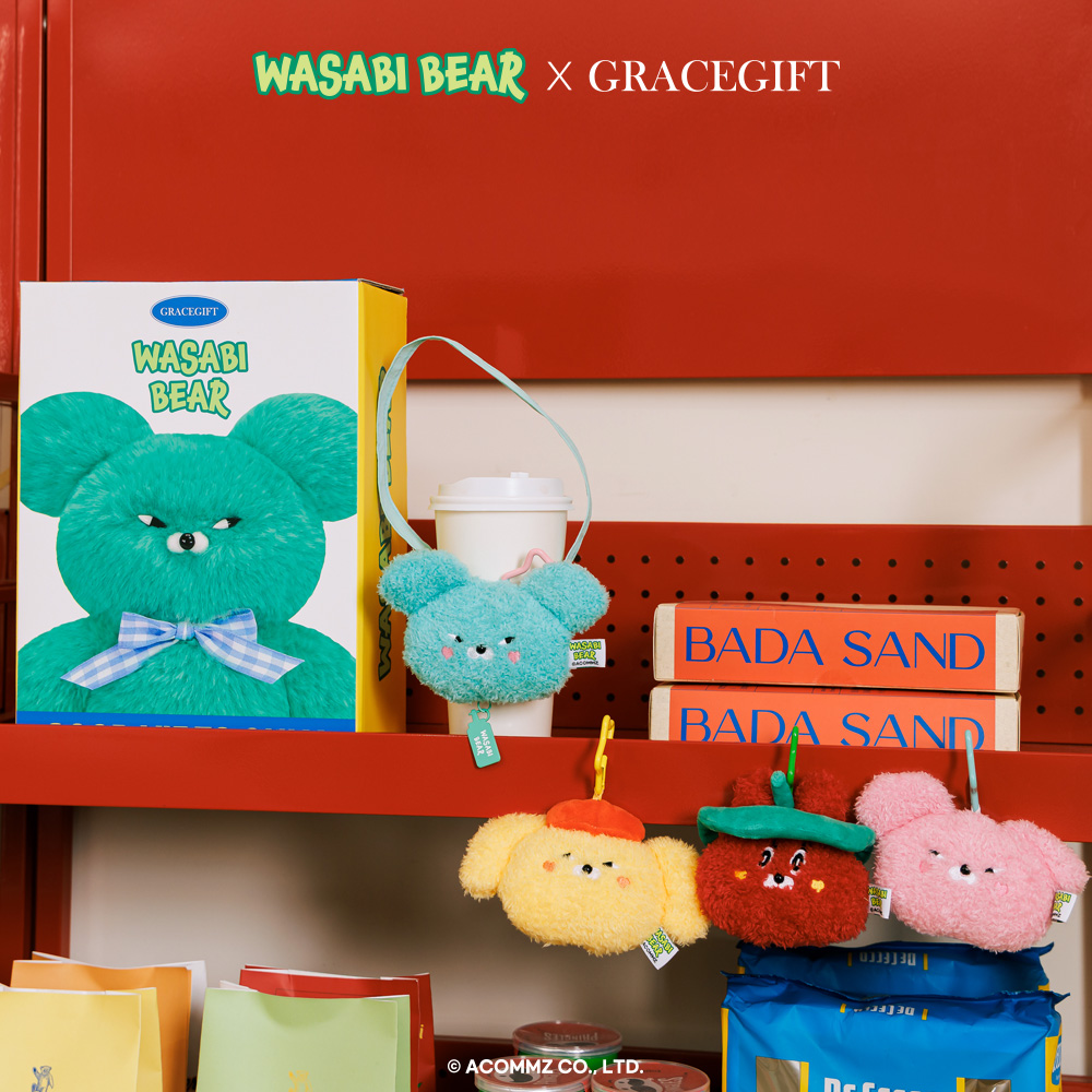GraceGift Wasabi Bear聯名 辣椒醬熊 絨毛星星吊飾飲料提袋 隨行包 正紅色