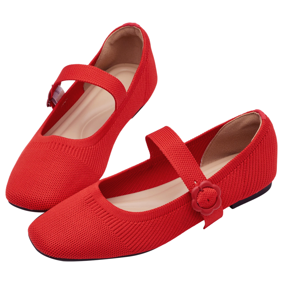 Grace Gift 平價女鞋 零著感方頭 花釦柔織軟墊瑪莉珍鞋 正紅色 平底瑪莉珍鞋 實拍圖