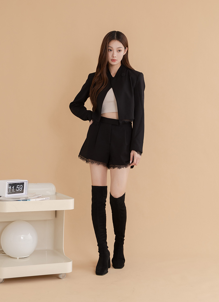 GraceGift平價女鞋 超模美腿顯瘦長靴 黑絨布