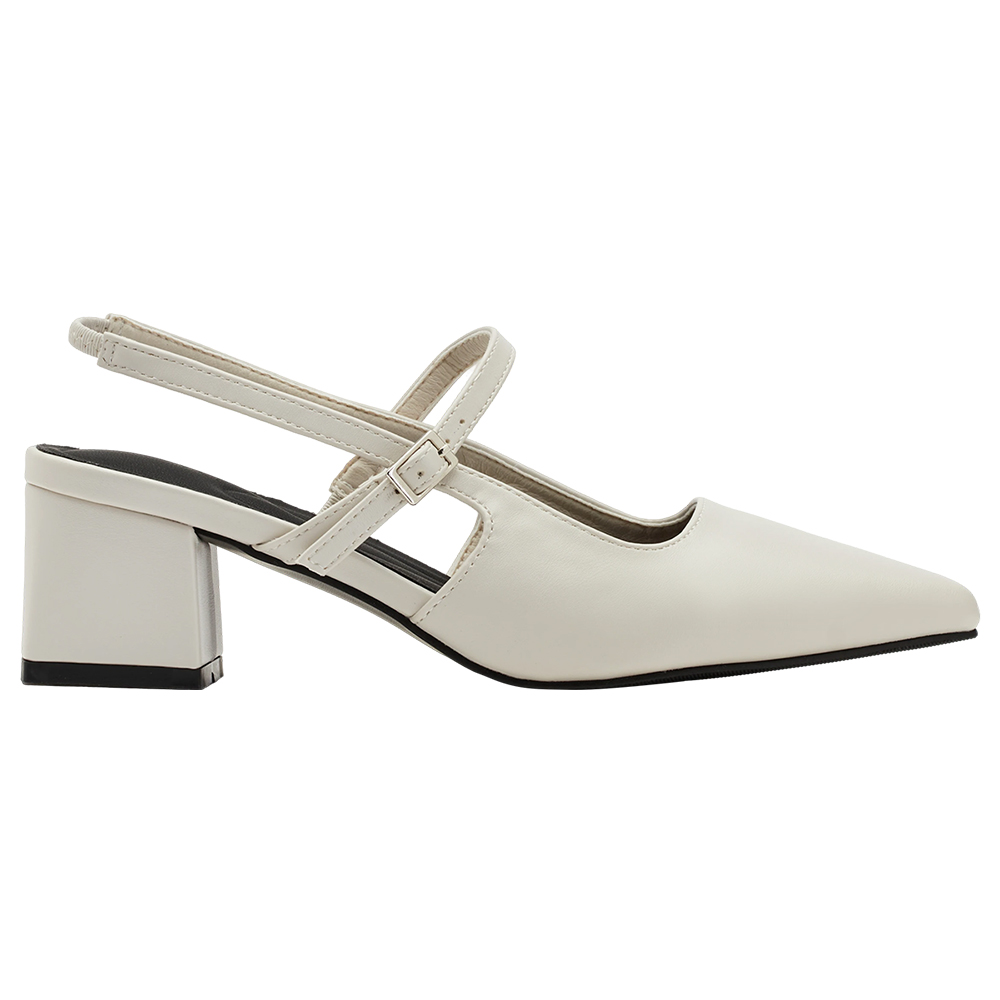 GraceGift平價女鞋 時尚秀場 尖頭  韓系尖頭通勤百搭後空低跟鞋 米白色