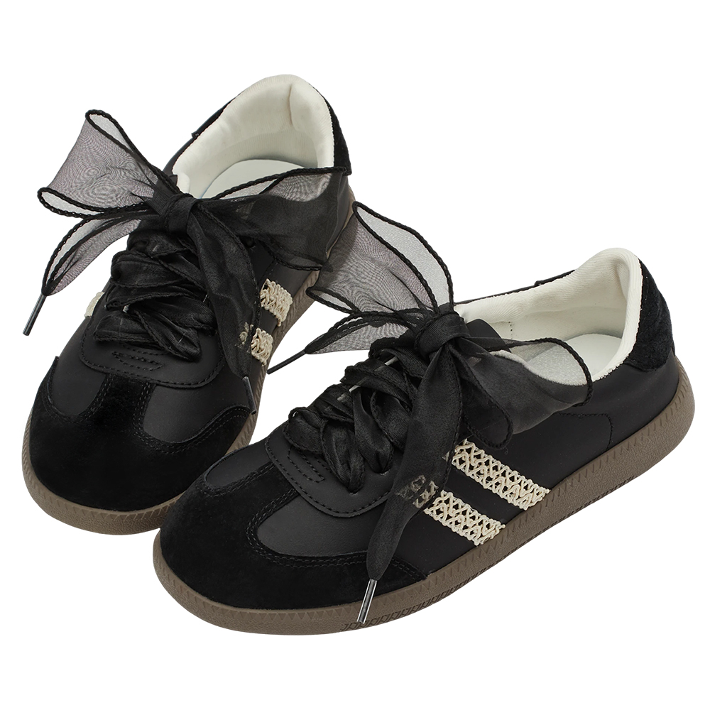 GraceGift 平價女鞋 復古摩登 真皮拼接薄底德訓鞋 附柔光紗帶 黑色 實品圖