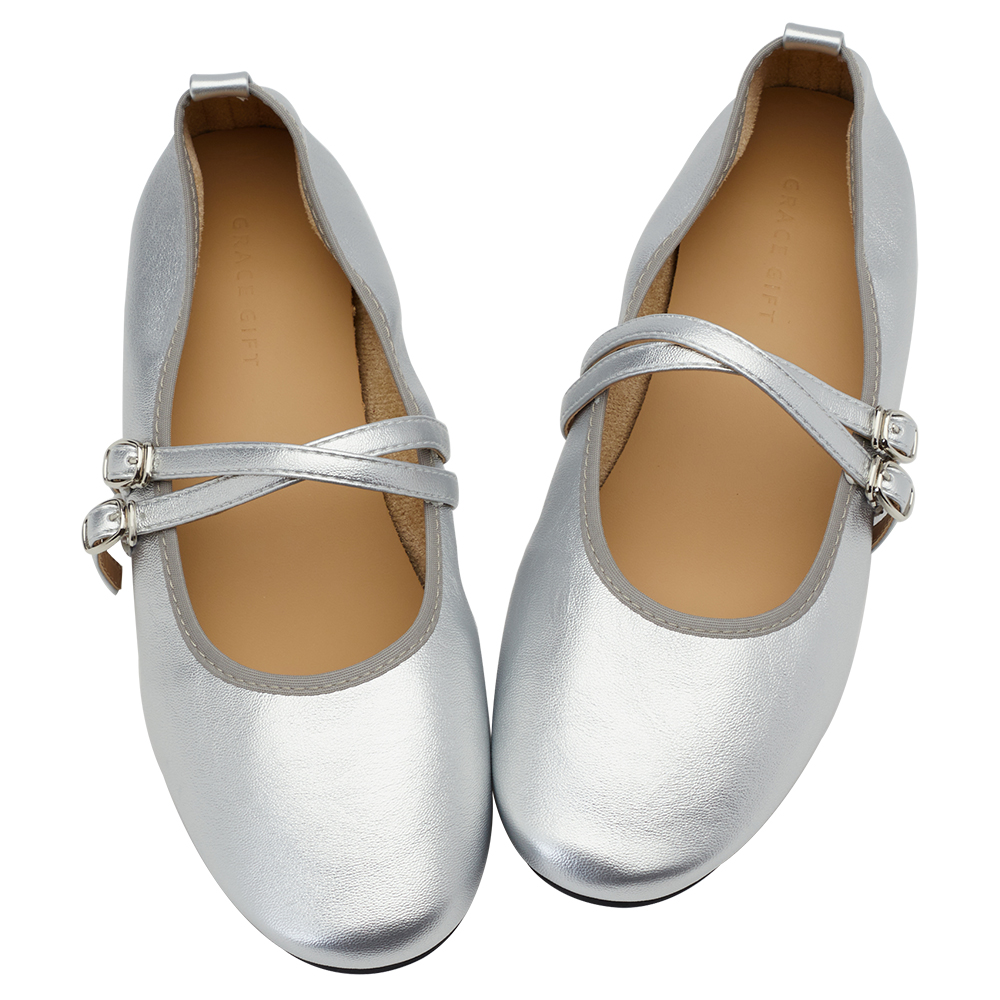 GraceGift平價女鞋 時尚秀場 圓頭 奶油雲朵極軟加厚乳膠芭蕾瑪莉珍鞋 銀色