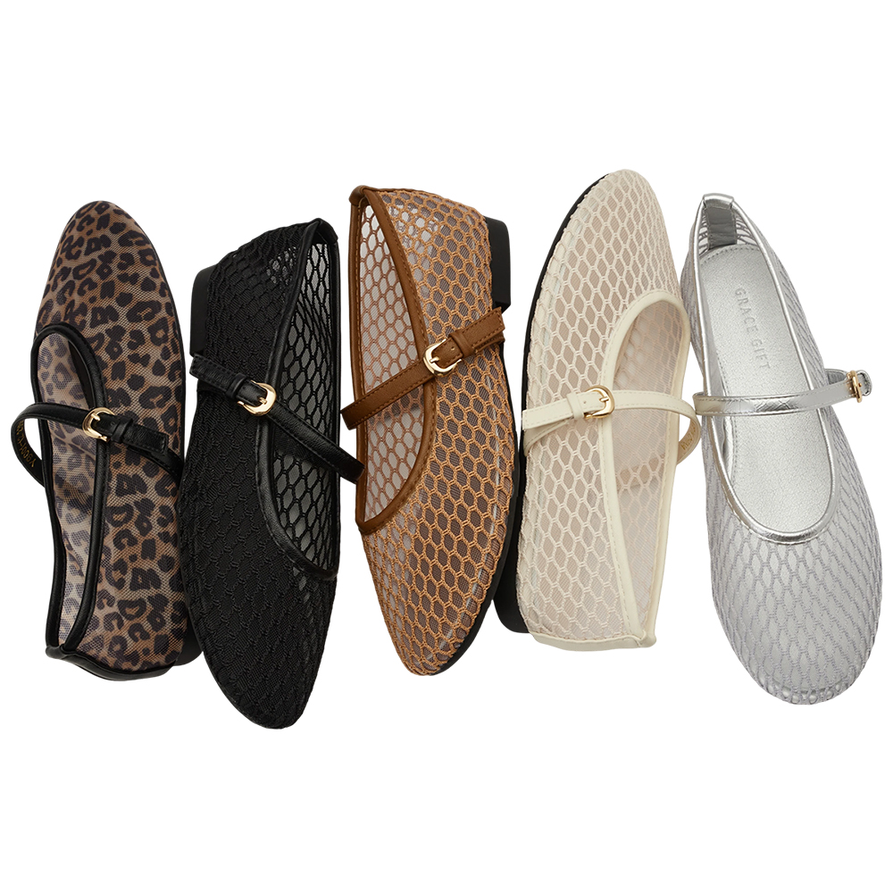 GraceGift平價女鞋 名人時尚 透膚網面 平底瑪莉珍鞋 銀色