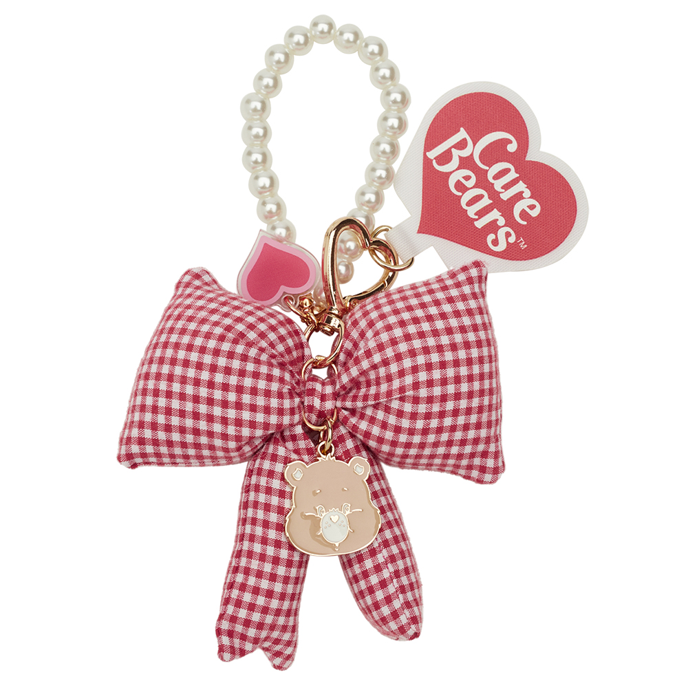 GraceGift CareBears聯名 溫柔小熊 Ribbon系列 格紋蝴蝶結珍珠手機鍊 紅
