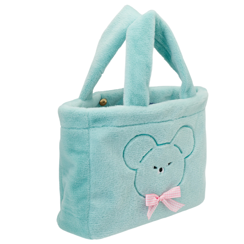 Grace Gift 平價女鞋 Wasabi Bear 聯名 芥末熊 格紋絨毛電繡 托特包 藍綠色 實拍圖