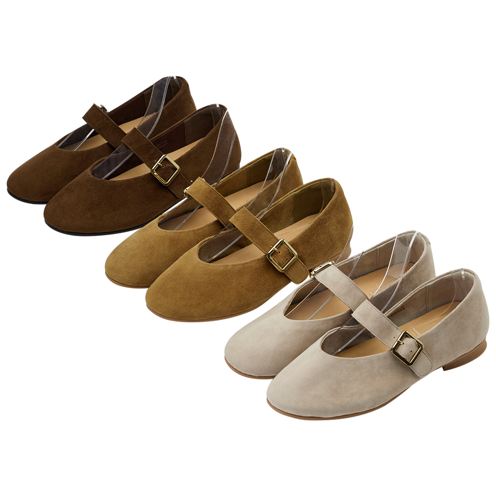 GraceGift 平價女鞋 時尚秀場 圓頭 精品級金屬方釦真皮平底瑪莉珍鞋 棕色