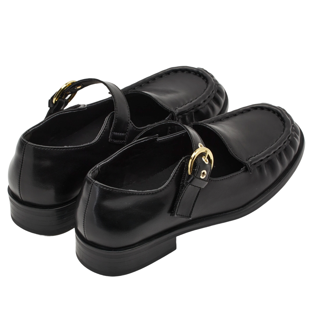 GraceGift平價女鞋 時尚秀場 圓頭 復古名媛金屬圓扣瑪莉珍樂福鞋 黑色