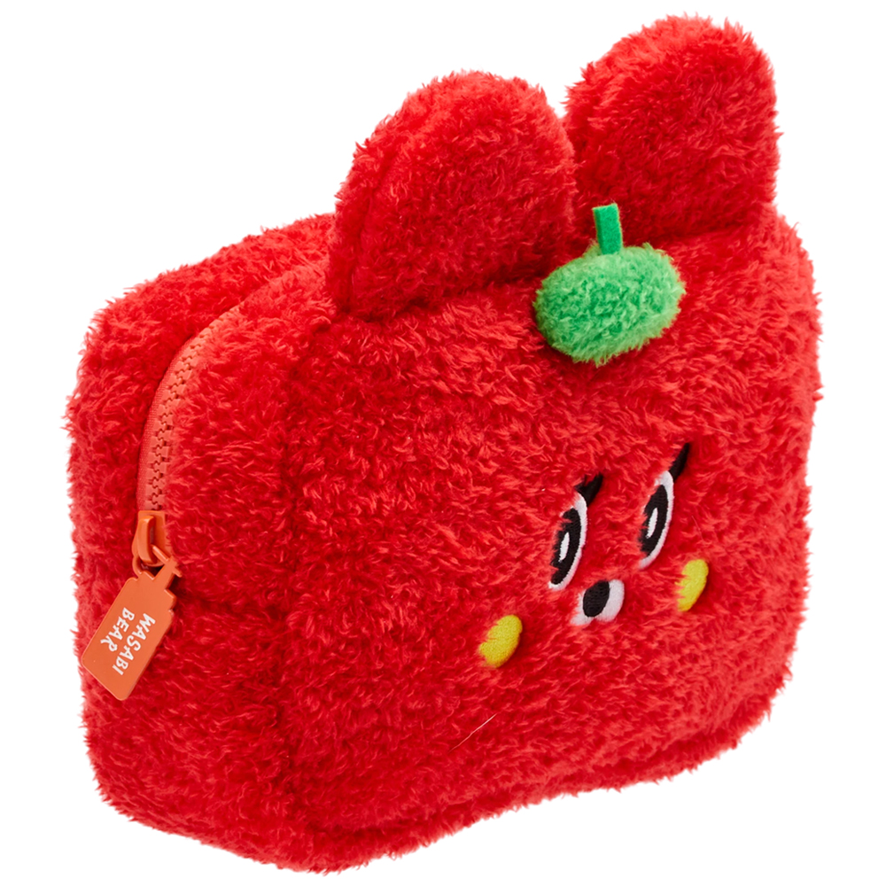 GraceGift Wasabi Bear聯名 辣椒醬熊 格紋絨毛化妝包 正紅色 實拍圖