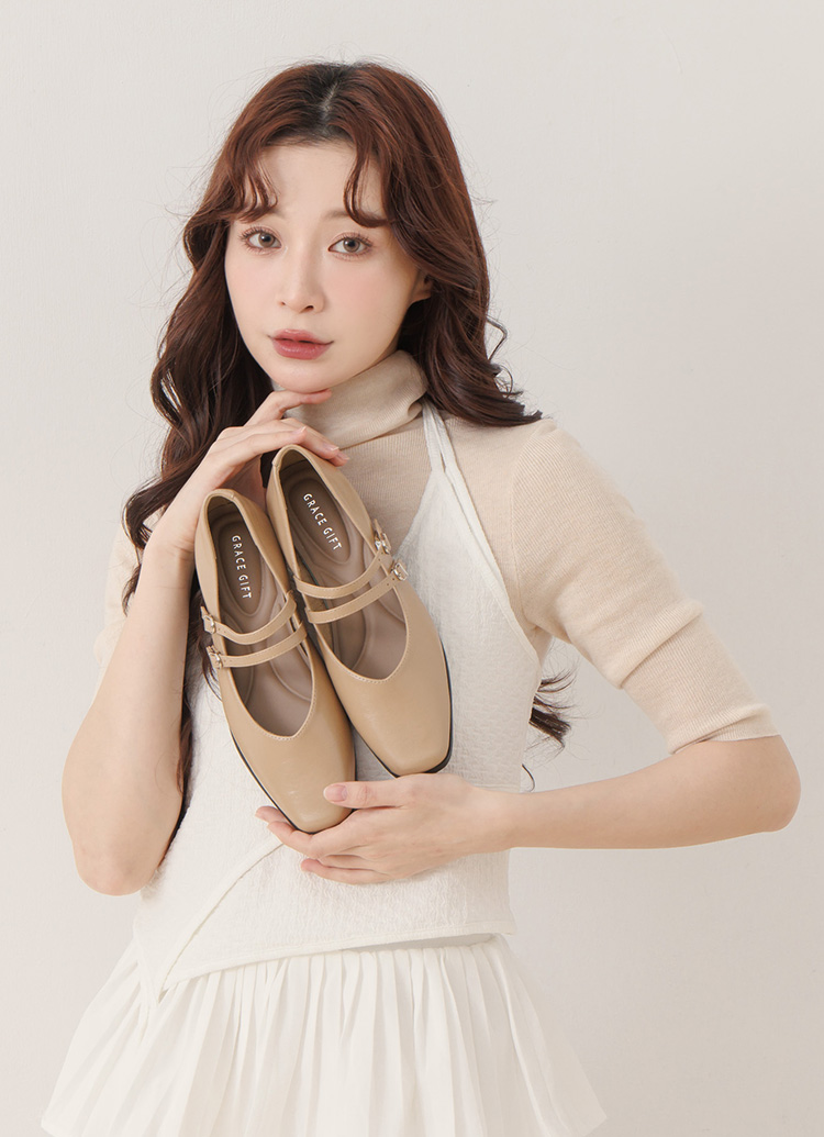 GraceGift 微甜方頭瑪麗珍鞋 雙帶瑪莉珍 卡其色 實拍圖