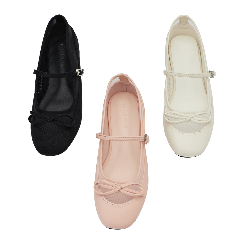 GraceGift平價女鞋 時尚秀場 方圓頭 復古芭比網紗拼接芭蕾平底瑪莉珍鞋  米白色