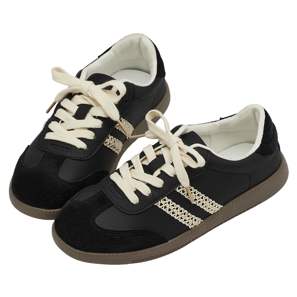 GraceGift 平價女鞋 復古摩登 真皮拼接薄底德訓鞋 附柔光紗帶 黑色 實品圖