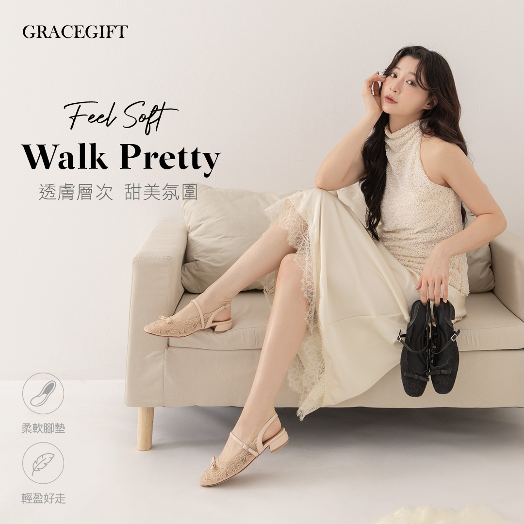 GraceGift平價女鞋 洛可可蕾絲瑪麗珍後空低跟鞋黑色 蕾絲鞋面搭配細帶扣環與低跟設計