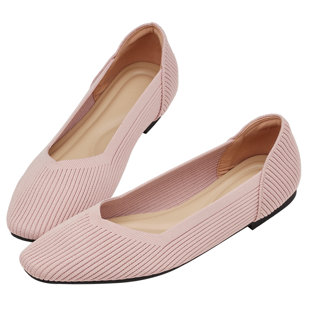 GraceGift 平價女鞋 零著感 方頭柔織軟墊娃娃鞋 粉紅色 平底娃娃鞋 實拍圖