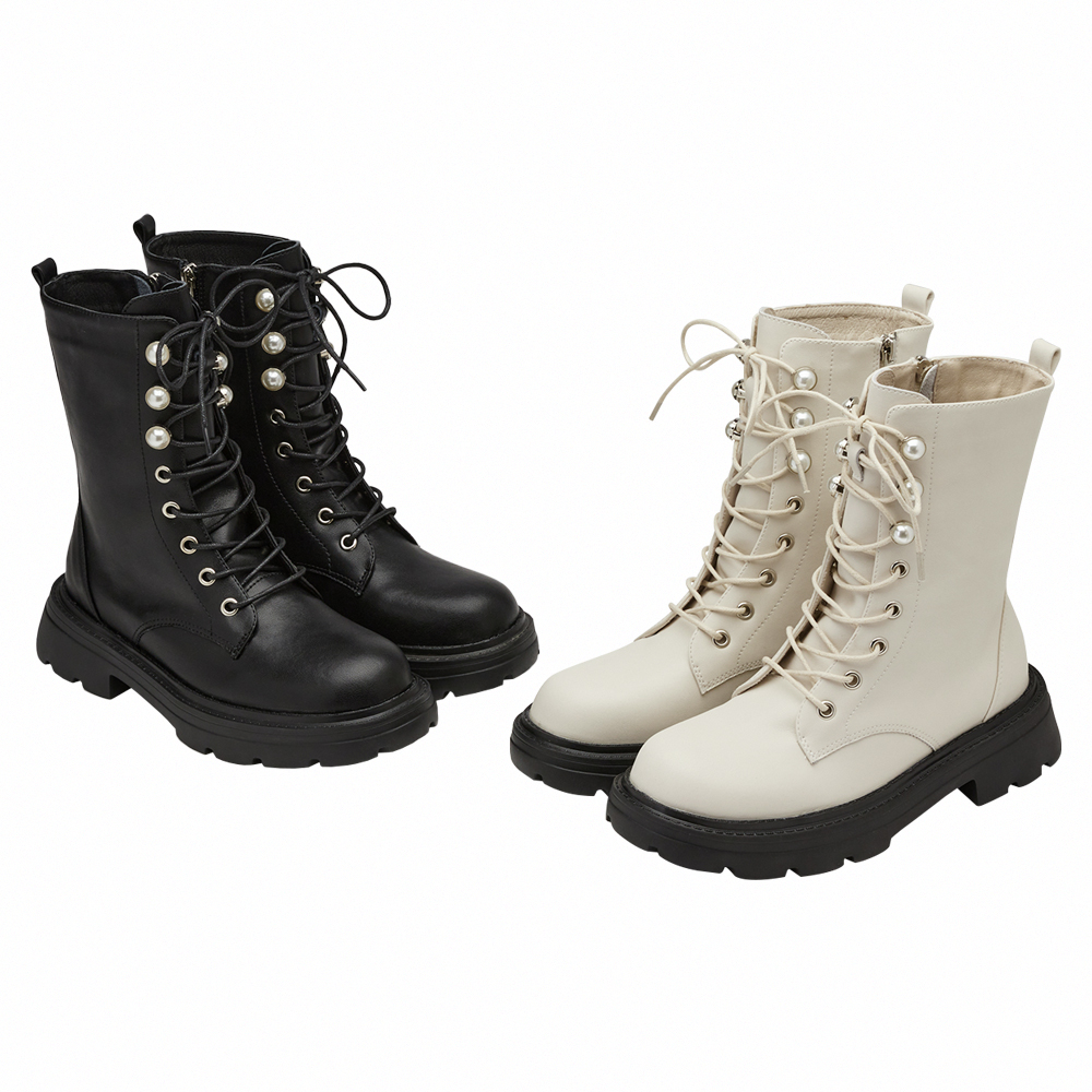 小貓聯名-名媛微光珍珠輕量厚底綁帶靴 米白