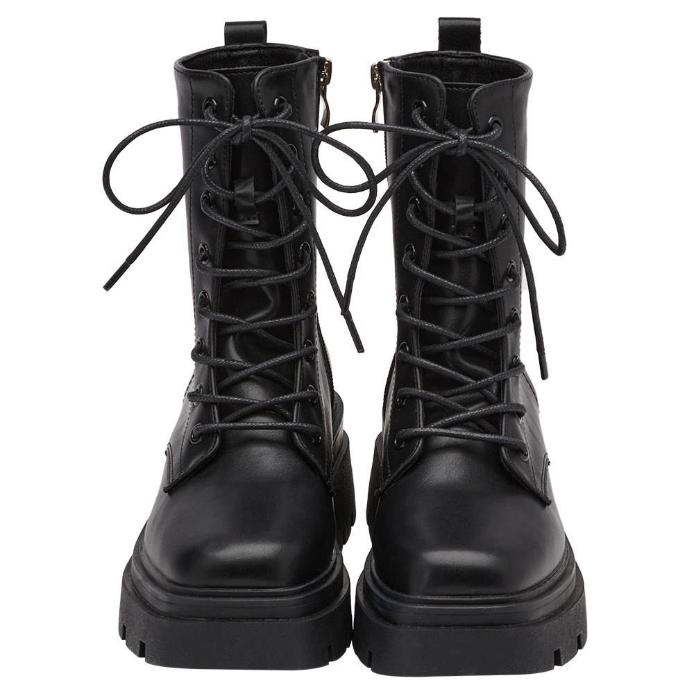 叛逆潮流方頭鬆糕厚底綁帶靴 黑