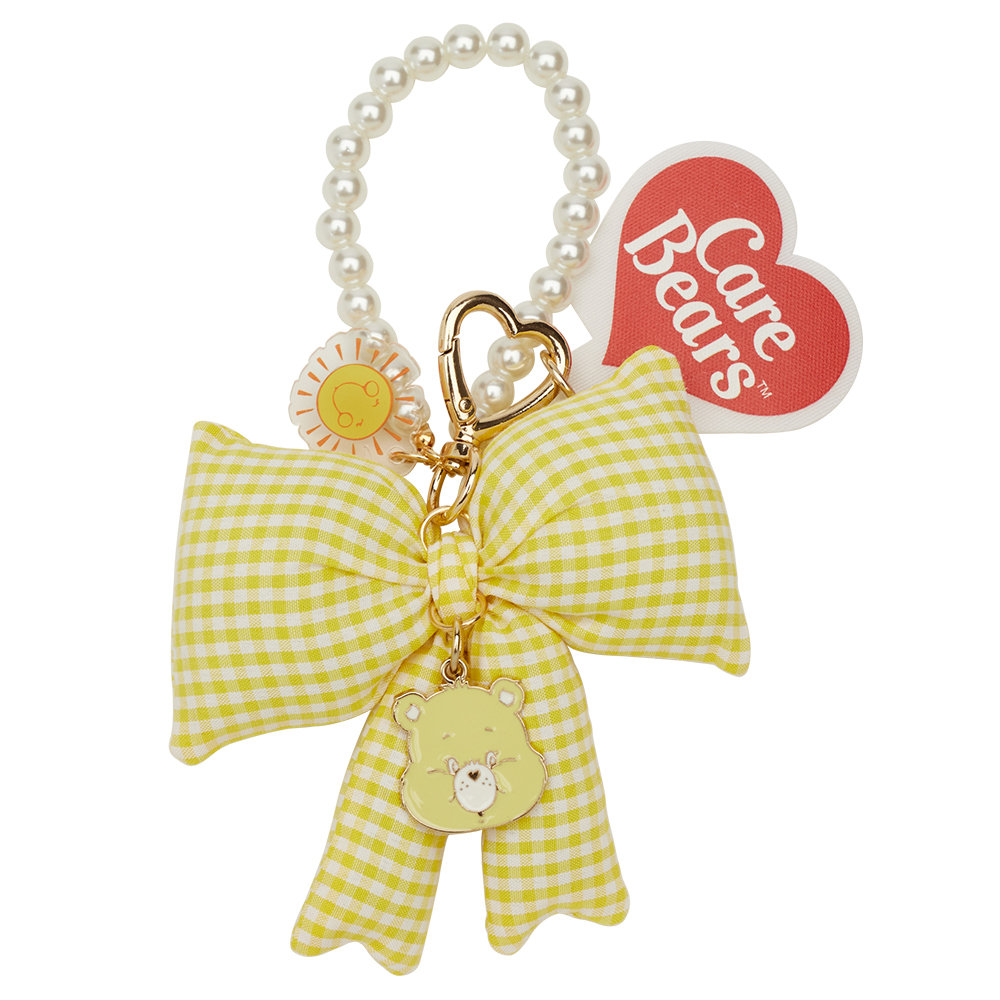 GraceGift CareBears聯名 幽默小熊 Ribbon系列 格紋蝴蝶結珍珠手機鍊 黃