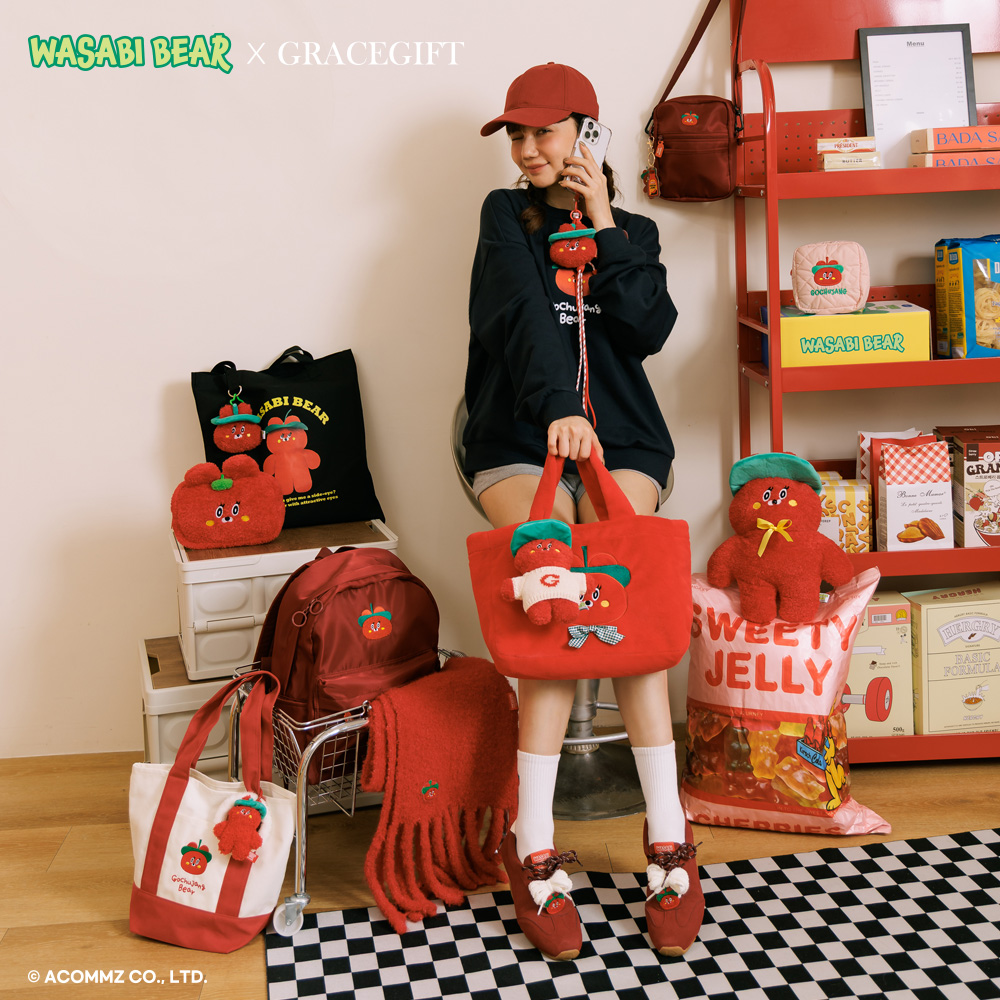 GraceGift Wasabi Bear聯名 辣椒醬熊 格紋鋪棉收納包 粉色 實拍圖