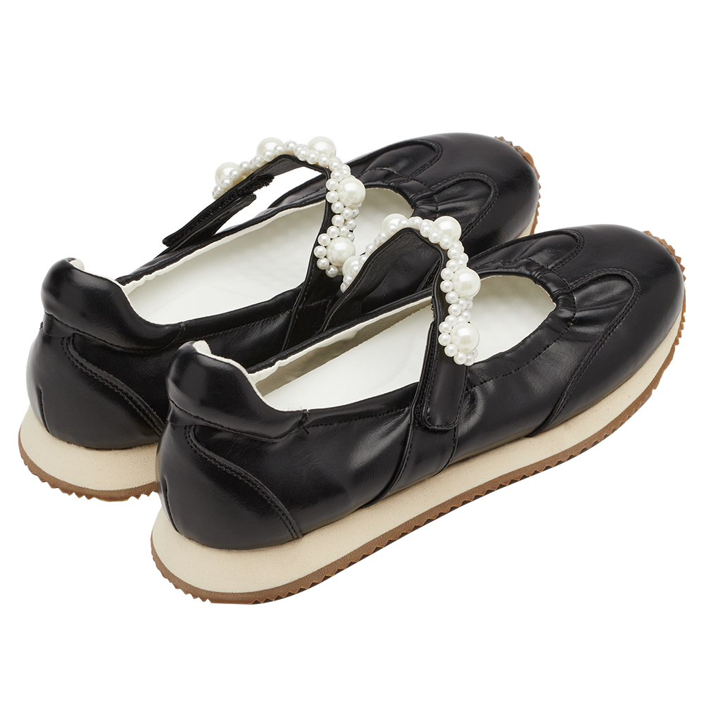 珍珠小花條帶魔鬼氈芭蕾舞瑪莉珍鞋 黑