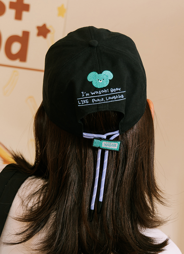 GraceGift Wasabi Bear 芥末熊 拉繩調節電繡棒球帽 黑色