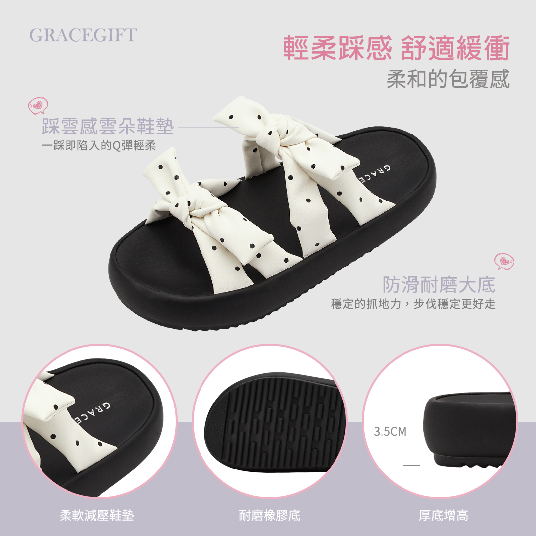 GraceGift平價女鞋 Y3K甜酷 澎澎蝴蝶結 雲感厚底涼鞋 白圓點