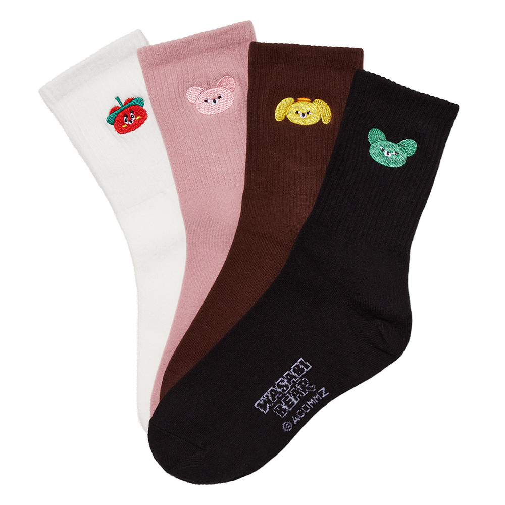 GraceGift Wasabi Bear聯名 芥末熊 芥末熊螺紋電繡中筒襪 黑色