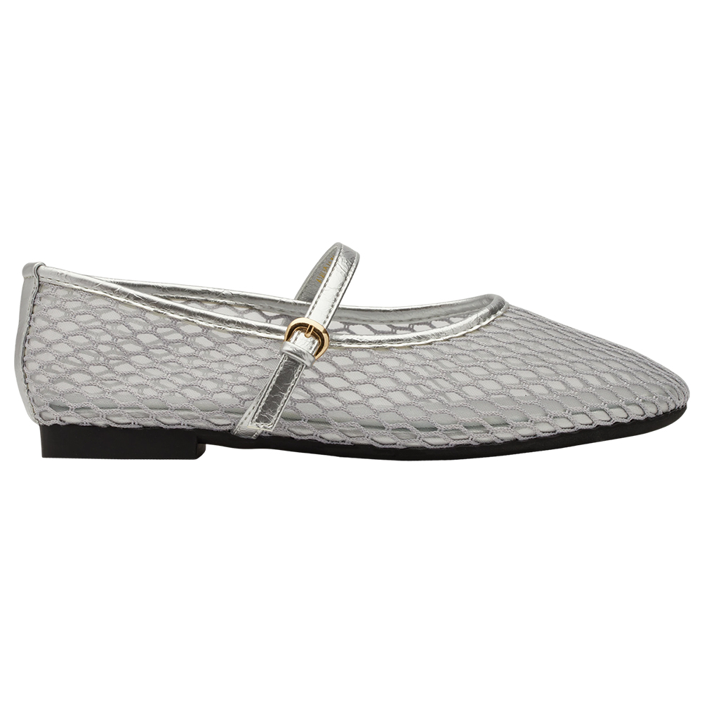 GraceGift平價女鞋 名人時尚 透膚網面 平底瑪莉珍鞋 銀色