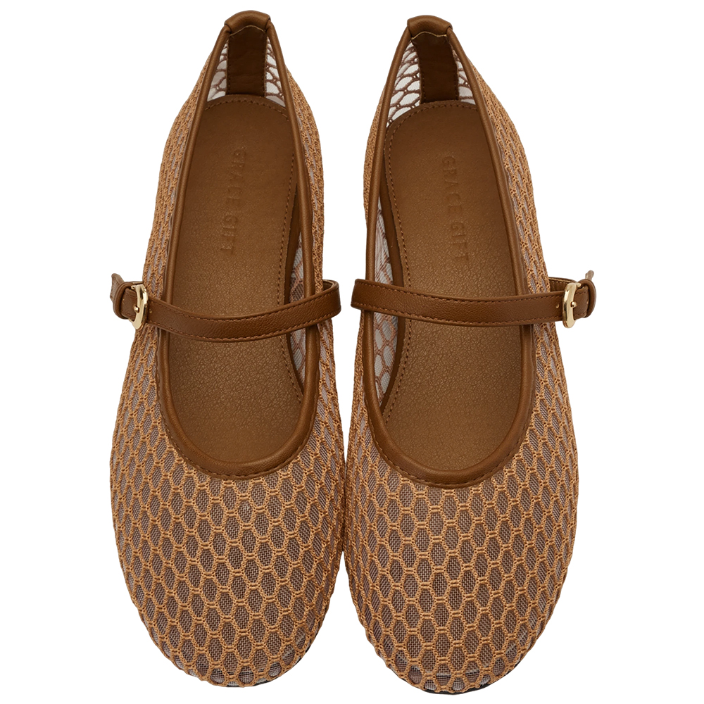 GraceGift平價女鞋 名人時尚 透膚網面 平底瑪莉珍鞋 棕色