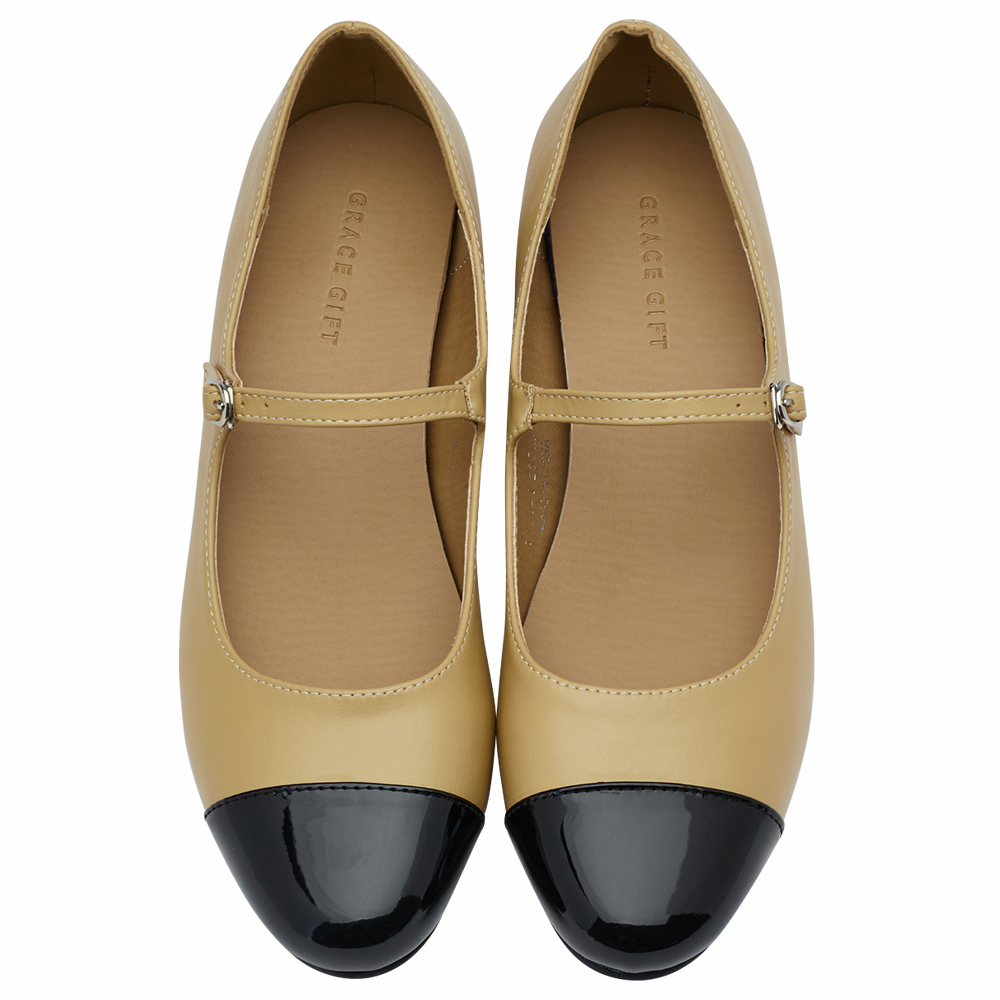 GraceGift平價女鞋 時尚秀場 圓頭 經典法式雙色小香風低跟瑪莉珍鞋  淺駝色