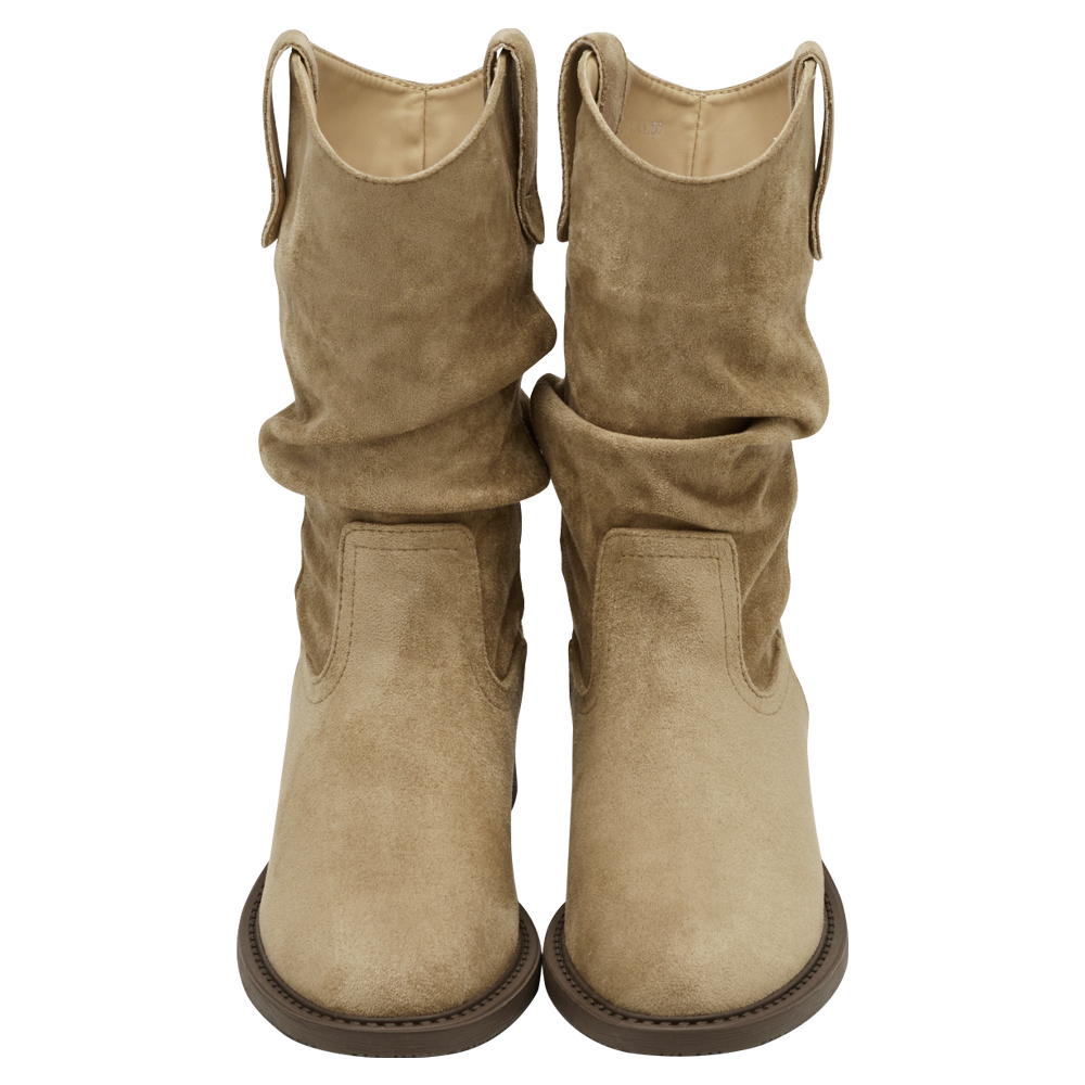 秋日復古皮革V口抓皺西部堆堆靴 淺駝