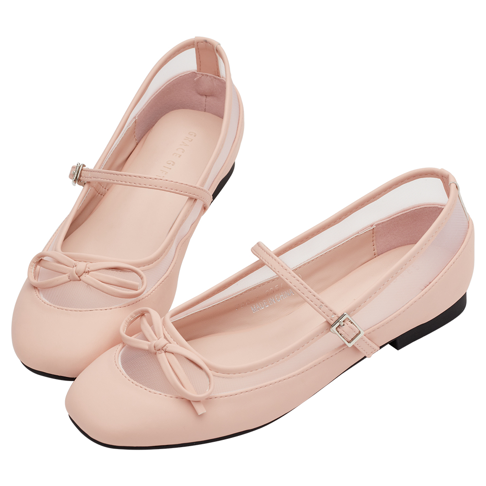 GraceGift平價女鞋 時尚秀場 方圓頭 復古芭比網紗拼接芭蕾平底瑪莉珍鞋  粉色