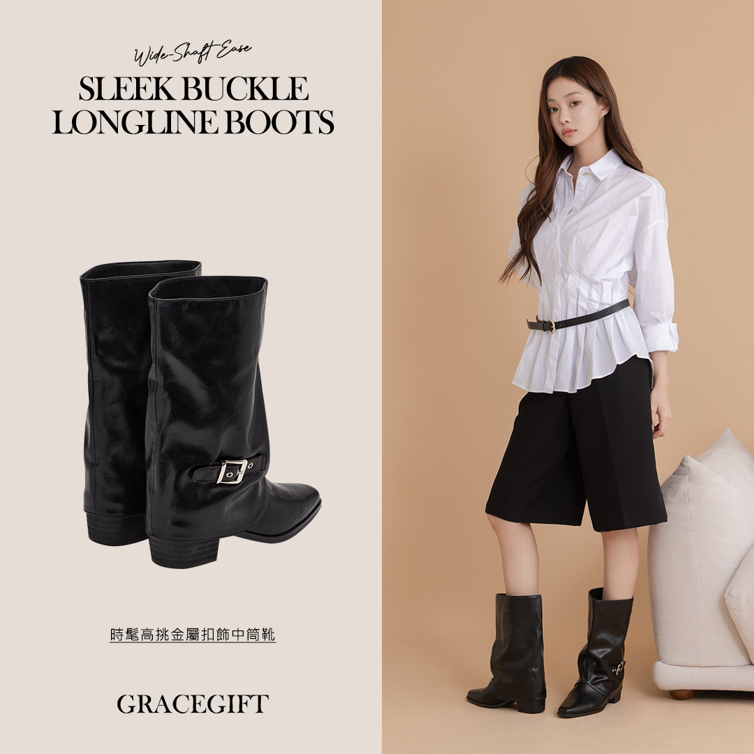 Grace Gift 90s復古釦帶5cm內增高尖頭黑色褲管中筒靴