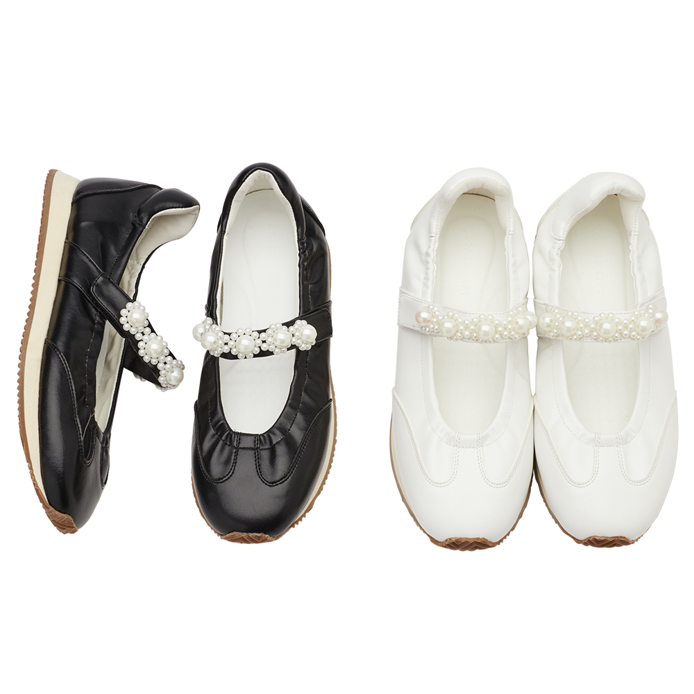 珍珠小花條帶魔鬼氈芭蕾舞瑪莉珍鞋 米白