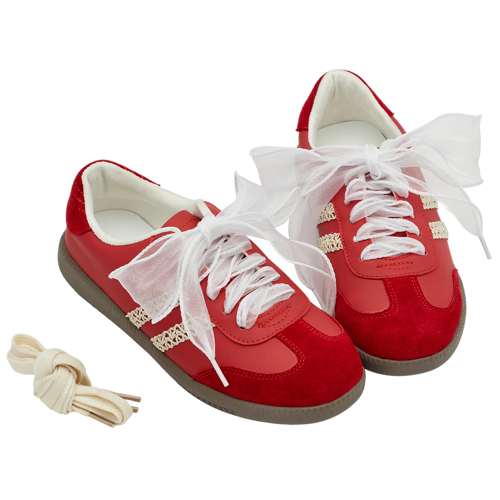 GraceGift 平價女鞋 復古摩登 真皮拼接薄底德訓鞋 附柔光紗帶 正紅色 實品圖