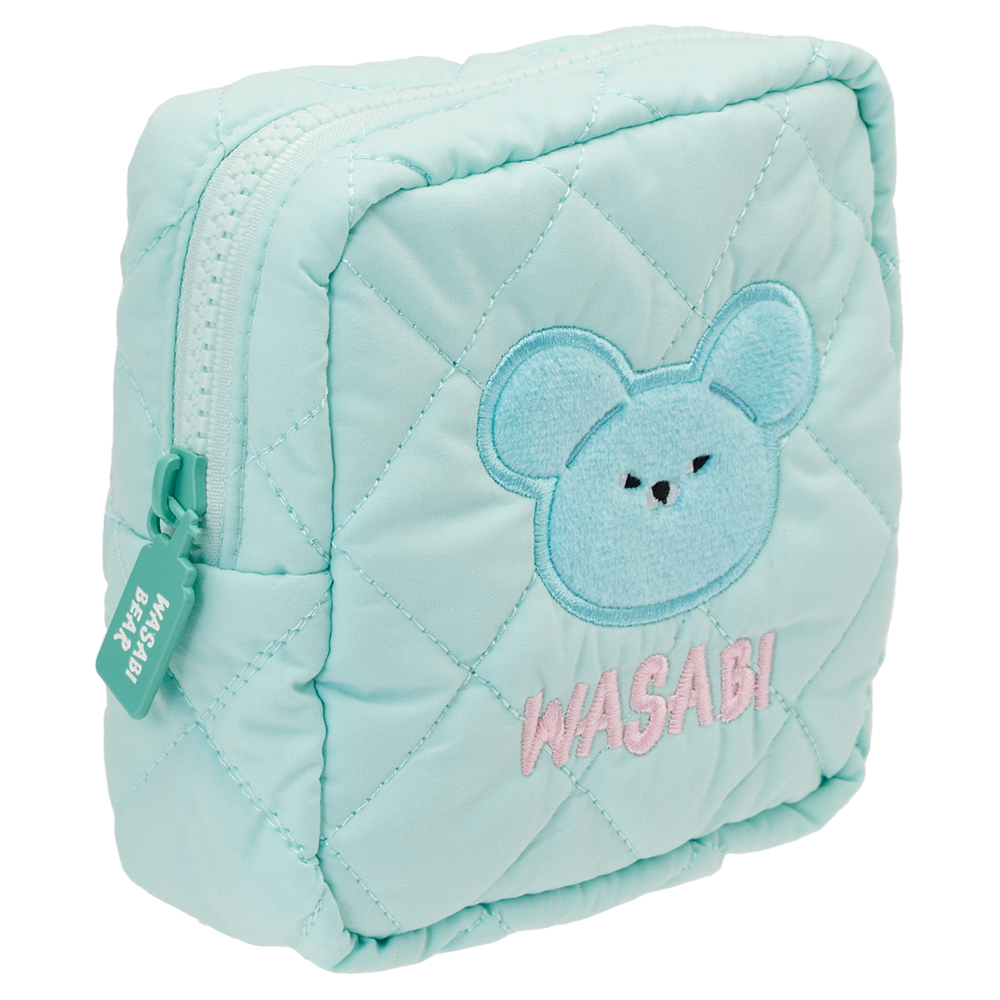 GraceGift Wasabi Bear聯名 芥末熊 格紋鋪棉收納包 藍綠色 實拍圖