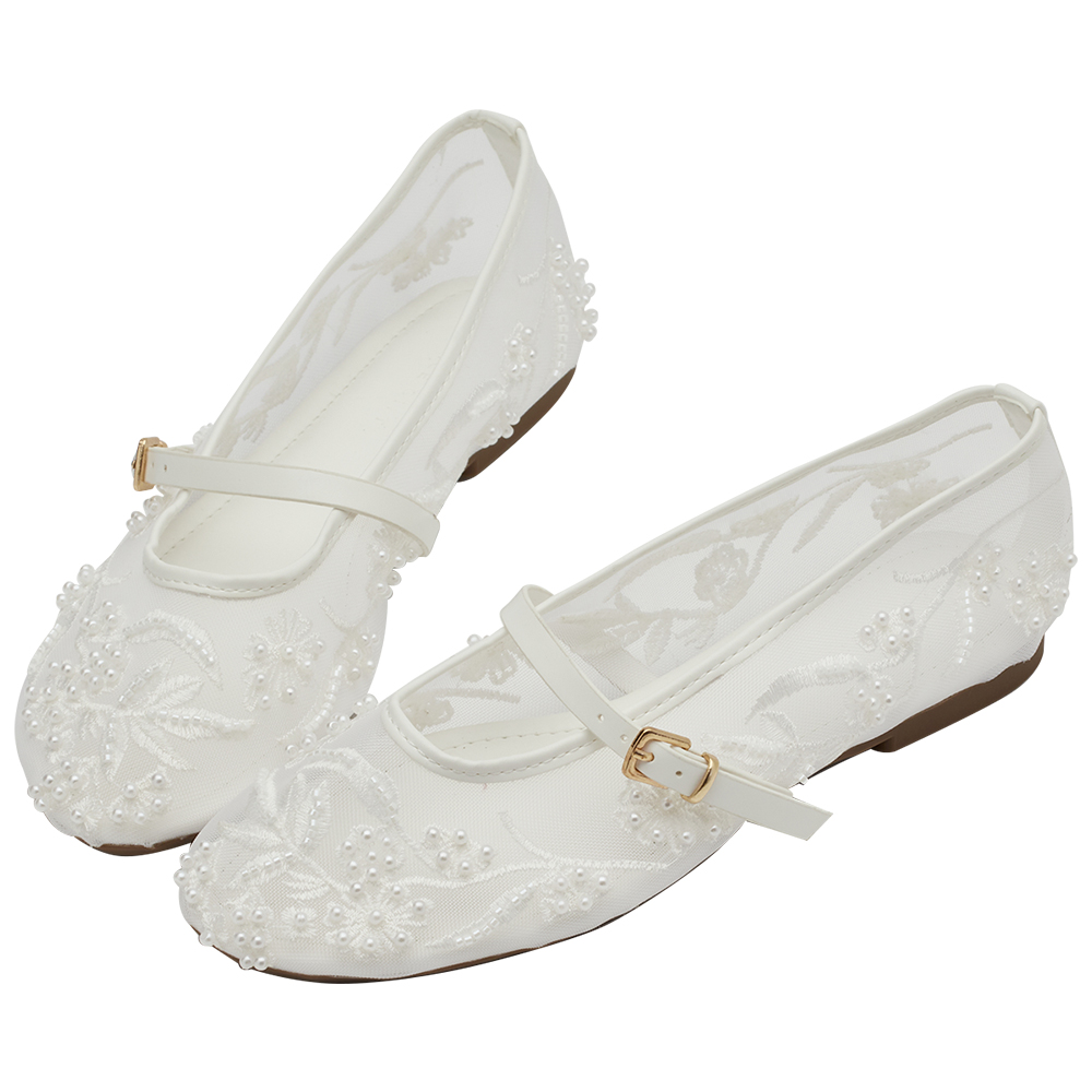 GraceGift平價女鞋 時尚秀場 圓頭 浪漫珍珠繡花網紗平底瑪莉珍鞋 白色